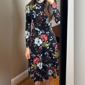 Anthropologie yumi kim long sleeve turtleneck a-line midi dress black floral